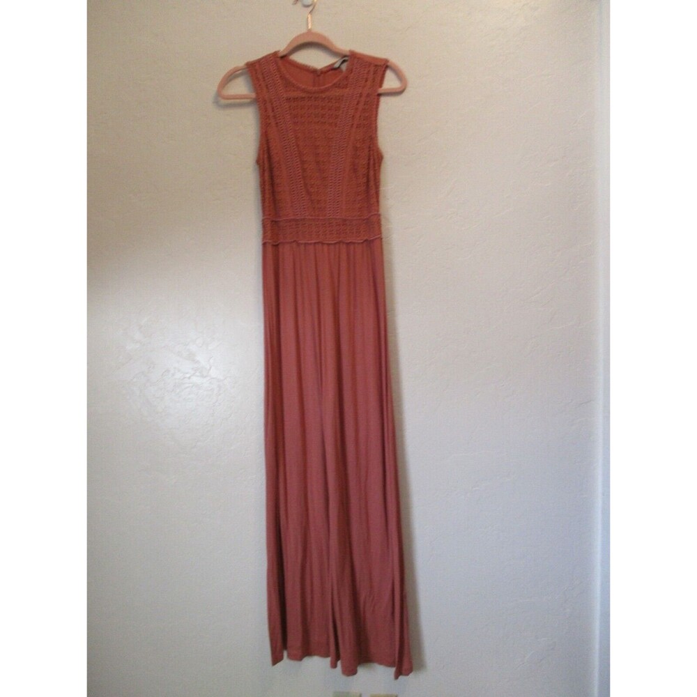 H&M Womens Sz XS Boho Maxi Dress Mauve Pink Lace Round Neck Wedding Guest Summer